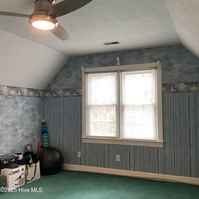 additional living space with visible vents, a textured ceiling, carpet, and vaulted ceiling