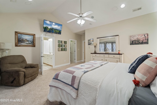 bedroom featuring baseboards, visible vents, high vaulted ceiling, light carpet, and connected bathroom