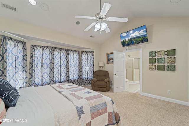 bedroom with baseboards, visible vents, carpet floors, lofted ceiling, and ceiling fan