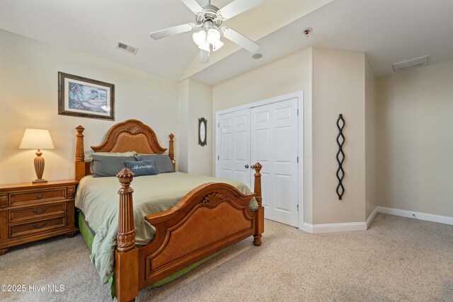 bedroom featuring visible vents, light carpet, a ceiling fan, a closet, and baseboards