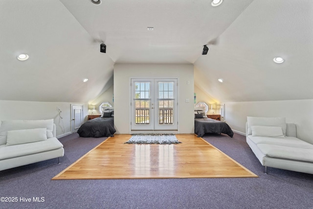 carpeted bedroom with recessed lighting, access to outside, and vaulted ceiling