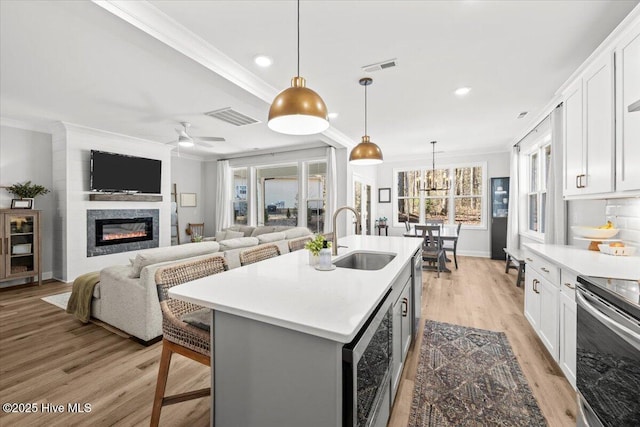 kitchen with crown molding, visible vents, and a sink