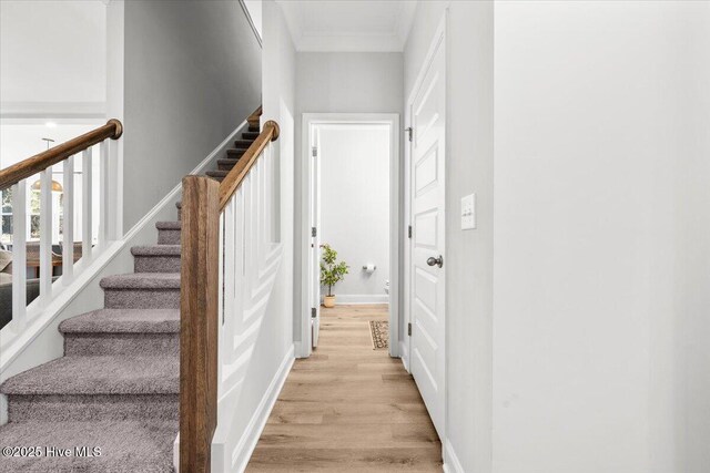 876 Elderberry Dr, Vass, NC 28394 - staircase featuring baseboards, ornamental molding, and wood finished floors