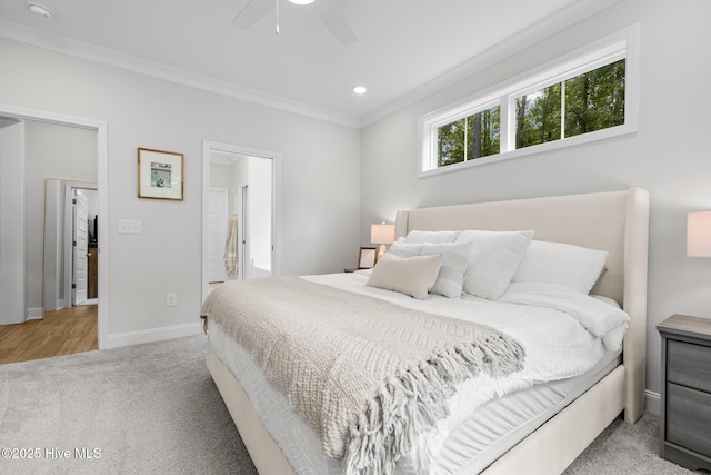 bedroom featuring carpet floors, crown molding, recessed lighting, a ceiling fan, and baseboards