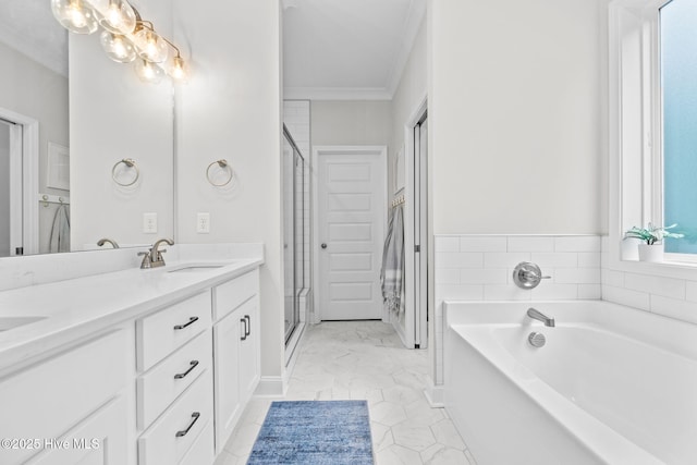 full bathroom featuring double vanity, a bath, ornamental molding, a shower stall, and a sink