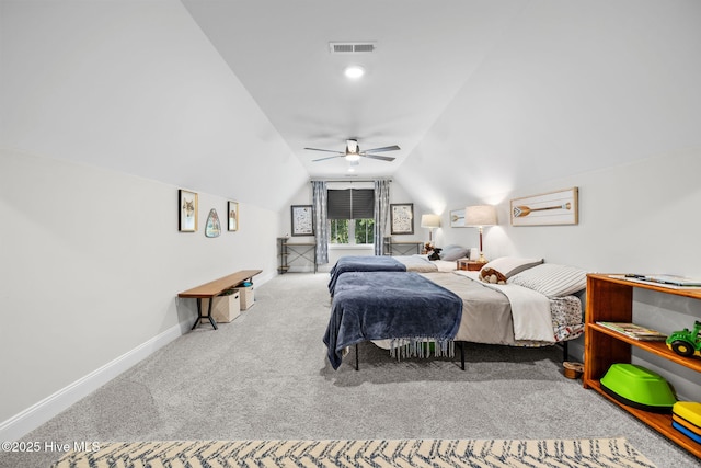 bedroom featuring lofted ceiling, carpet floors, a ceiling fan, visible vents, and baseboards