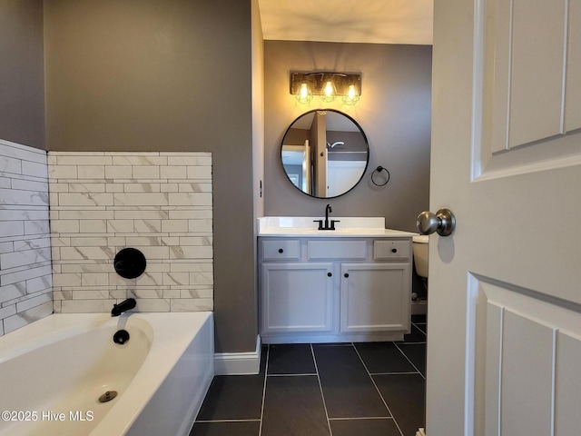 full bathroom with tile patterned floors, baseboards, vanity, and a washtub