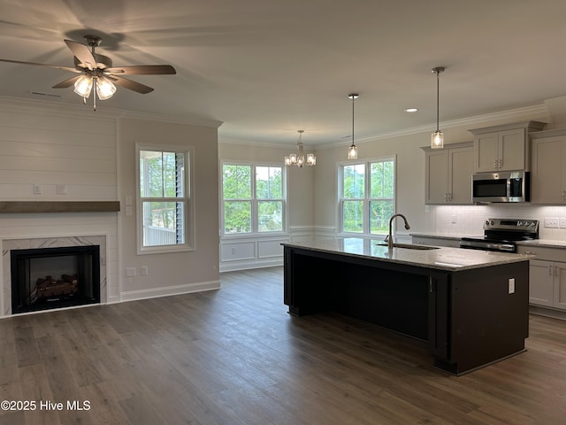 kitchen featuring stainless steel appliances, a sink, ceiling fan, open floor plan, and an island with sink