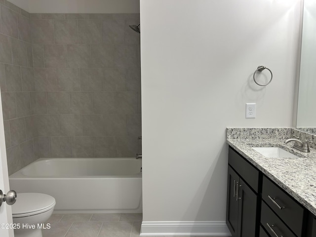 full bath featuring vanity, tile patterned flooring, tub / shower combination, toilet, and baseboards