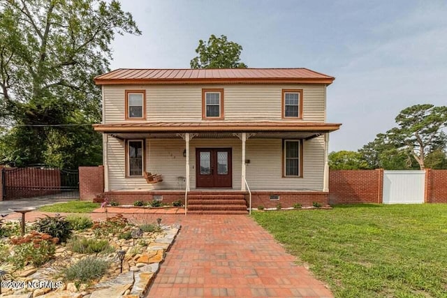 view of front of house with covered porch, fence, french doors, crawl space, and a front yard