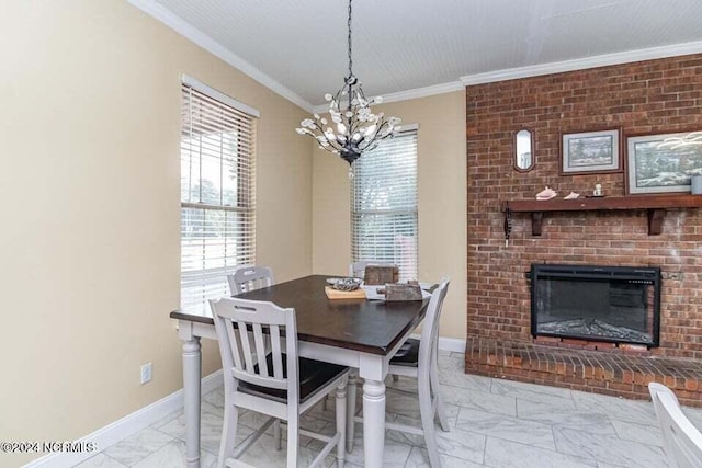 dining area with a chandelier, marble finish floor, ornamental molding, and baseboards