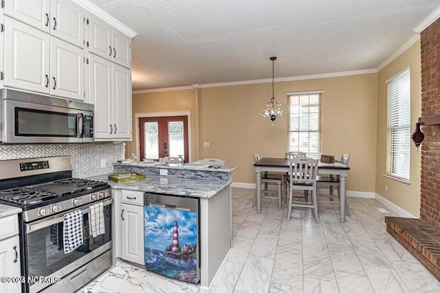 kitchen featuring wine cooler, stainless steel appliances, a peninsula, marble finish floor, and crown molding