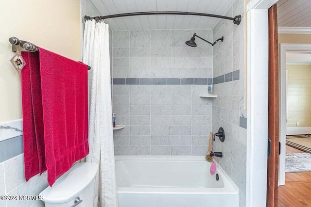 full bath featuring shower / bathtub combination with curtain and wood finished floors