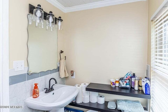 bathroom with crown molding and a sink