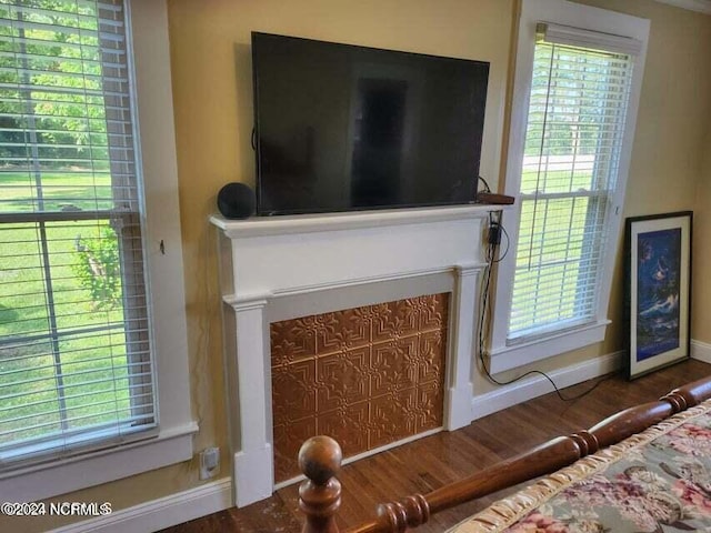 interior details featuring a fireplace, baseboards, and wood finished floors