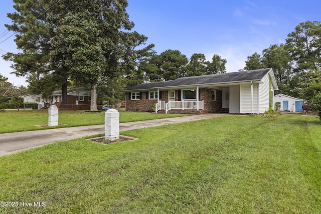 single story home with covered porch, driveway, a front lawn, and brick siding