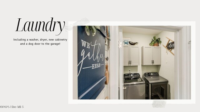 clothes washing area with cabinet space and washing machine and clothes dryer