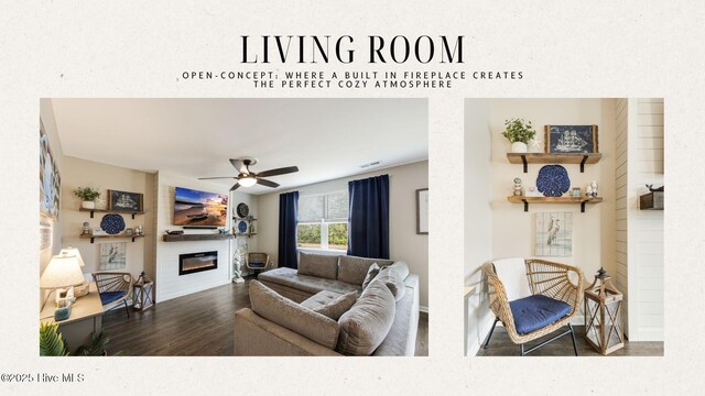 living area featuring ceiling fan, wood finished floors, and a glass covered fireplace