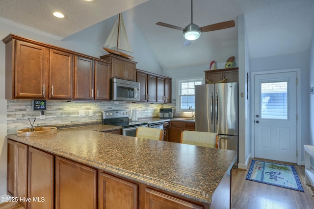 kitchen featuring lofted ceiling, a peninsula, stainless steel appliances, light wood-style floors, and a sink