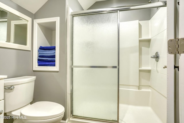 bathroom with lofted ceiling, a shower stall, and toilet