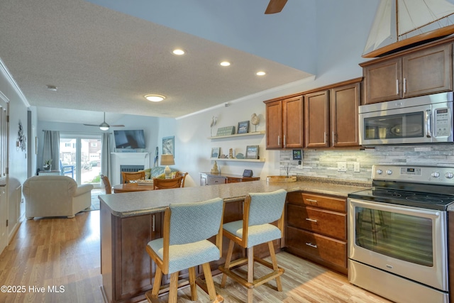 kitchen with light wood finished floors, tasteful backsplash, a ceiling fan, appliances with stainless steel finishes, and a fireplace