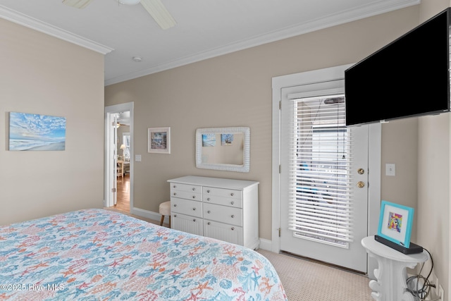 bedroom featuring light carpet, multiple windows, crown molding, and access to outside