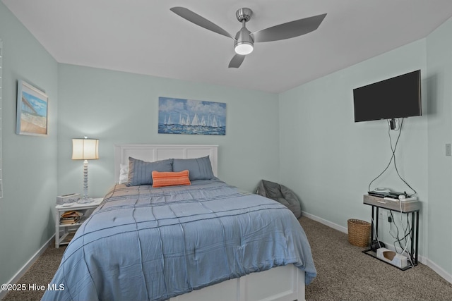 bedroom featuring carpet, ceiling fan, and baseboards