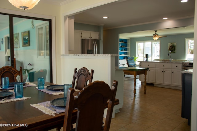 dining area featuring crown molding, ceiling fan, recessed lighting, and light tile patterned flooring
