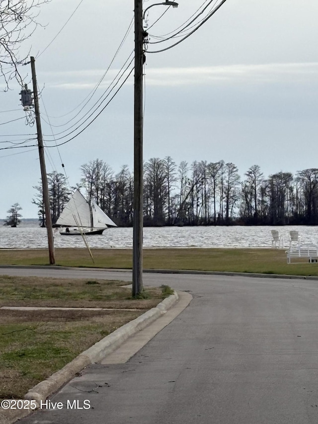 view of street with a water view and curbs