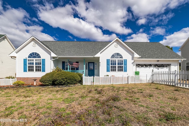 ranch-style home featuring a porch, roof with shingles, an attached garage, fence, and a front lawn