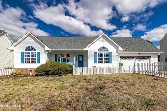 ranch-style house with a front yard, an attached garage, fence, and covered porch