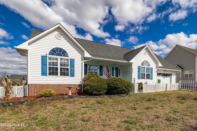 single story home featuring a garage, roof with shingles, fence, a front lawn, and brick siding