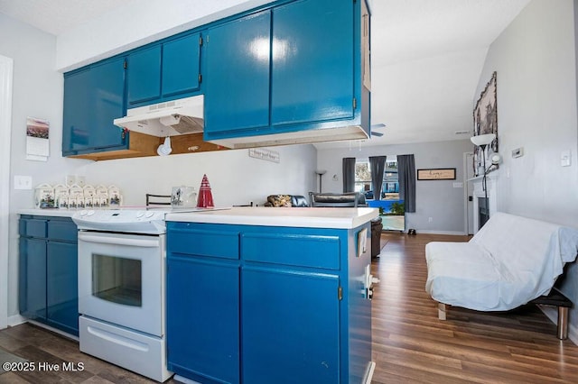 kitchen with white electric stove, under cabinet range hood, dark wood finished floors, and blue cabinets