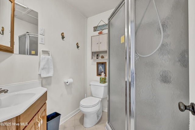 bathroom with a stall shower, vanity, toilet, and tile patterned floors