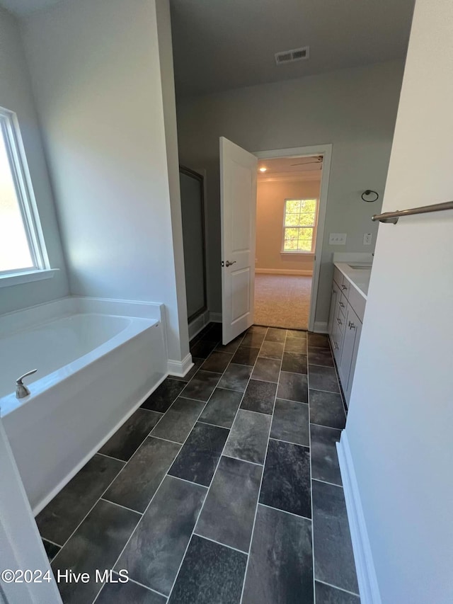 full bath with baseboards, visible vents, a garden tub, vanity, and a shower stall