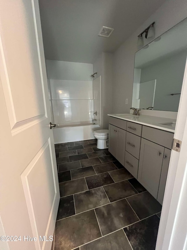 full bathroom with bathtub / shower combination, toilet, a sink, visible vents, and double vanity