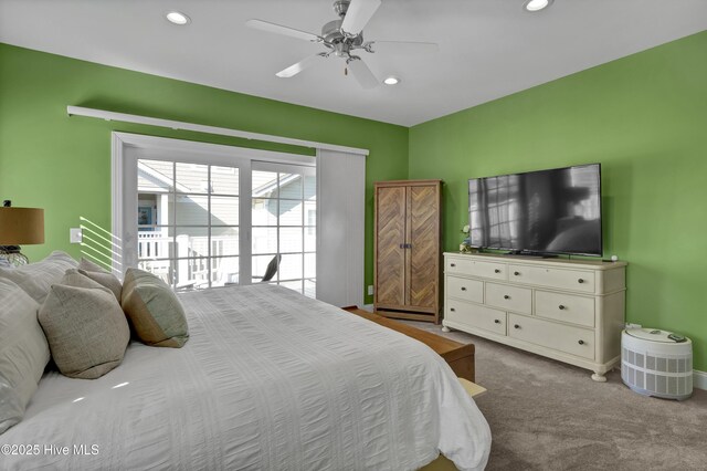 bedroom featuring carpet flooring, recessed lighting, baseboard heating, and ceiling fan