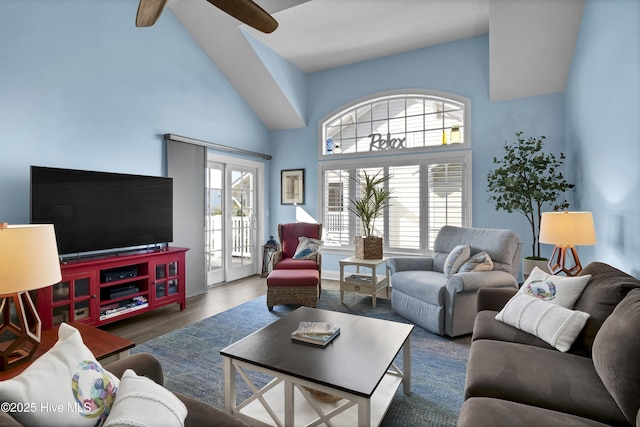 living room with high vaulted ceiling, a healthy amount of sunlight, and wood finished floors