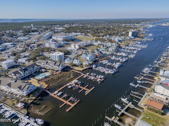 drone / aerial view featuring a water view