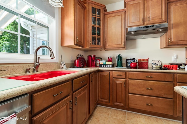 kitchen with dishwasher, brown cabinets, under cabinet range hood, and a sink