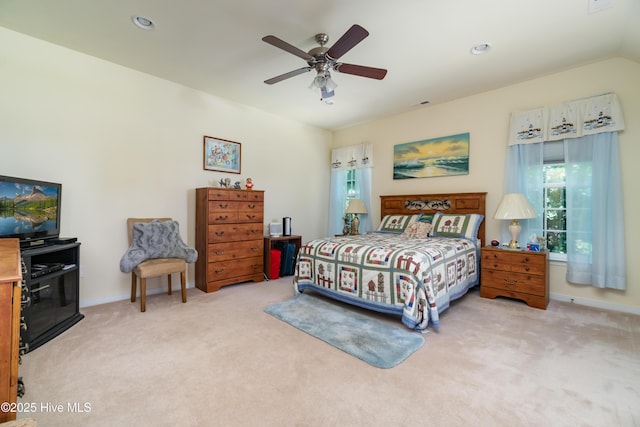 bedroom with recessed lighting, baseboards, a ceiling fan, and carpet floors