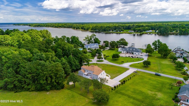 birds eye view of property with a view of trees and a water view