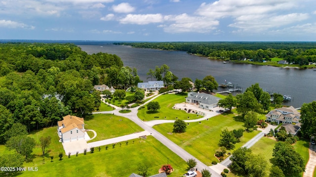 bird's eye view with a wooded view and a water view