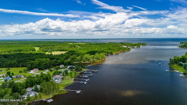 drone / aerial view with a forest view and a water view