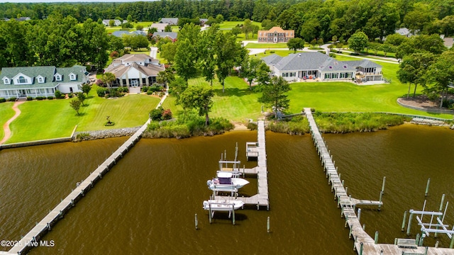 aerial view with a water view and a residential view