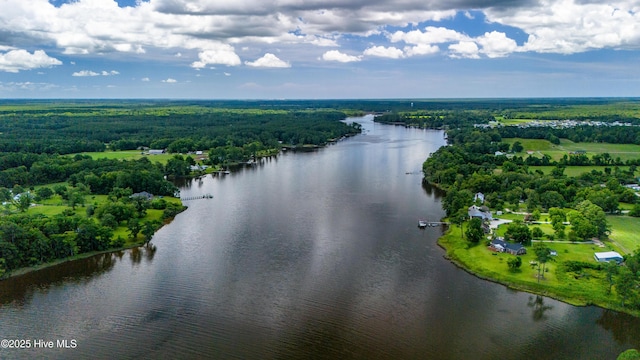 drone / aerial view with a forest view and a water view