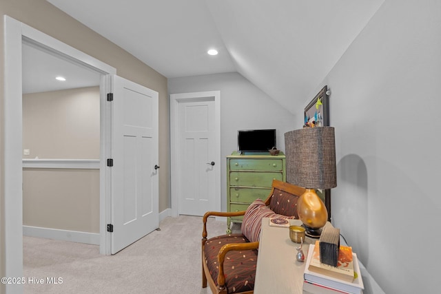 living area featuring lofted ceiling, carpet, baseboards, and recessed lighting