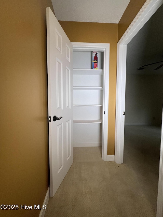 hall with baseboards and light carpet