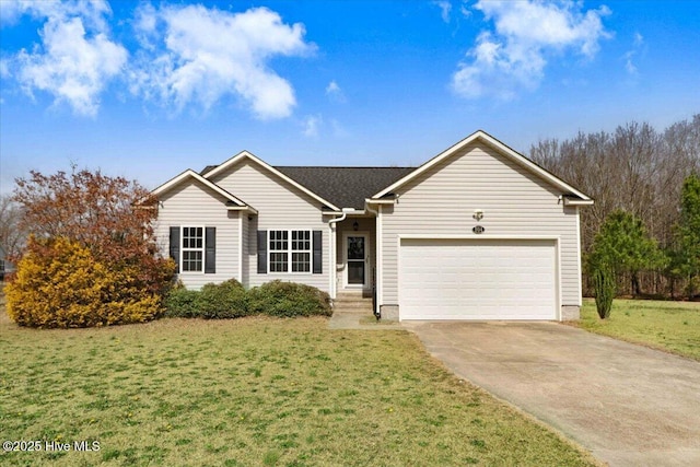 ranch-style home with concrete driveway, a front lawn, and an attached garage