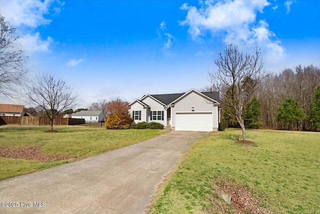 ranch-style house featuring a front lawn, driveway, an attached garage, and fence